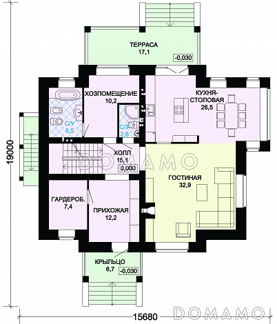 Проект вместительного особняка с бильярдным помещением, тренажерным залом и кинозалом / План 1 этажа Проект вместительного особняка с бильярдным помещением, тренажерным залом и кинозалом / План 1 этажа