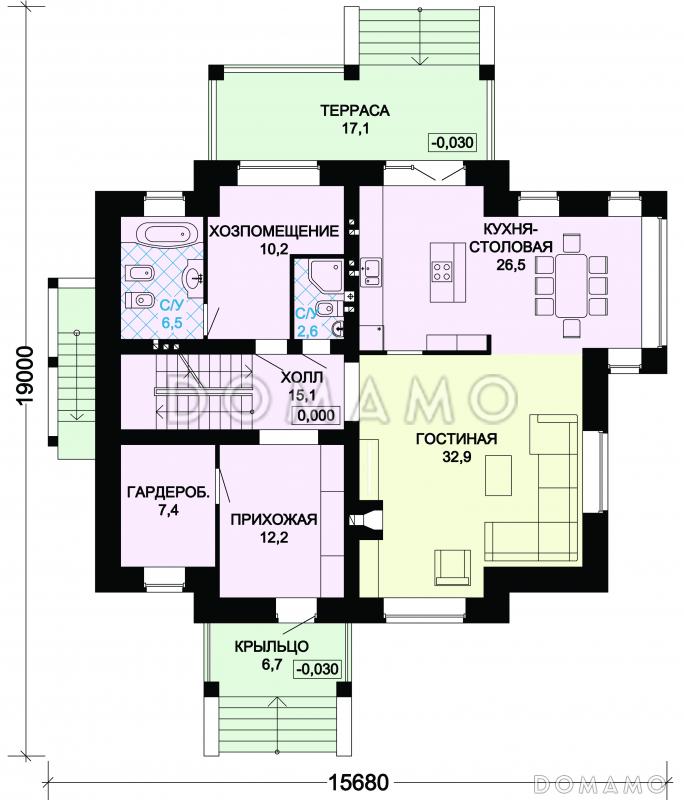 Проект вместительного особняка с бильярдным помещением, тренажерным залом и кинозалом / План 1 этажа