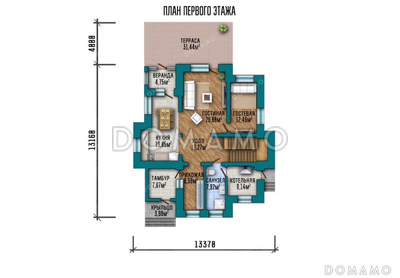 Проект дома с мастер-спальней, постирочной, двумя балконами, верандой и террасой / План 1 этажа