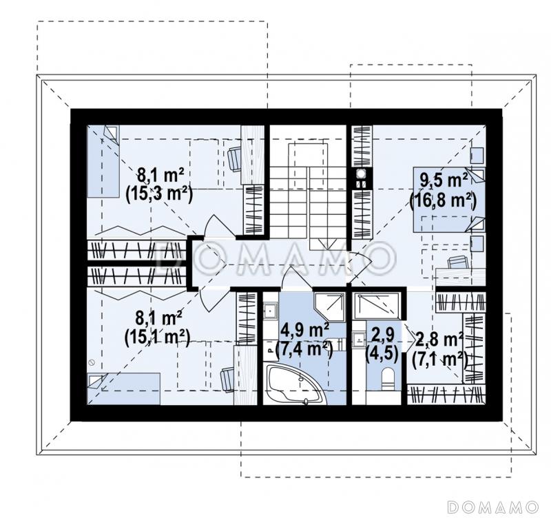 Проект загородного дома с гаражом на одну машину, кладовой на кухне, мастер-спальней в мансарде / План мансардного этажа