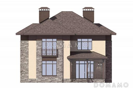 Проект дома по технологии ЛСТК с крытой террасой, кладовой под лестницей, гостевой на первом этаже, хозяйской спальней на втором этаже / Фасад 4