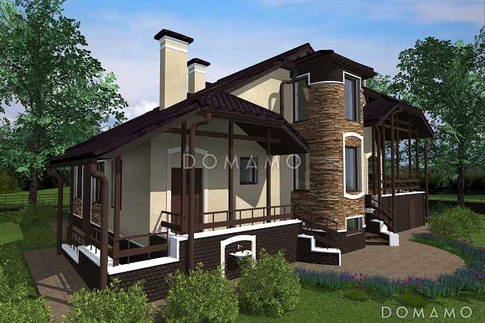 Проект дома с цокольным и мансардным этажами, с круглым эркером и террасой