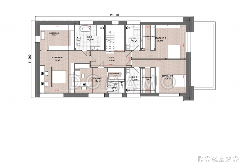 Проект дома с 4 спальнями, гаражом на 4 машины и мастерской / План 2 этажа