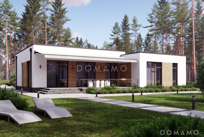 Проект одноэтажного дома с плоской крышей и длинной террасой Проект одноэтажного дома с плоской крышей и длинной террасой