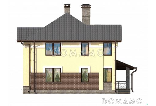 Проект дома с большой крытой террасой, просторной прихожей, ванной с окном на втором этаже / Фасад 3