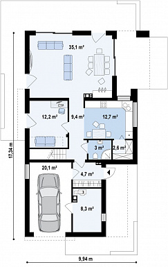 Проект современного двухэтажного дома из газобетона в стиле модерн, с террасой на втором уровне и встроенным гаражом  / План 1 этажа Проект современного двухэтажного дома из газобетона в стиле модерн, с террасой на втором уровне и встроенным гаражом  / План 1 этажа