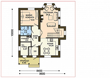 Проект двухэтажного коттеджа с кирпичной отделкой и эркером в гостиной / План 1 этажа Проект двухэтажного коттеджа с кирпичной отделкой и эркером в гостиной / План 1 этажа