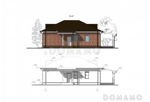 Проект дома с тремя спальнями, кухней-гостиной, большой прихожей и котельной / Фасад 1