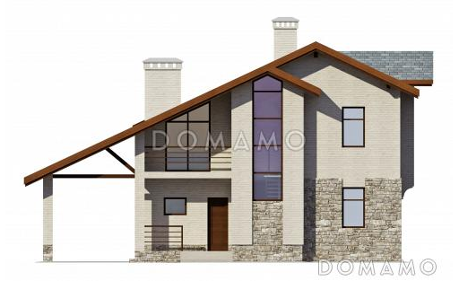 Проект загородного дома с открытой террасой и навесом для автомобиля, панорамными окнами / Фасад 3