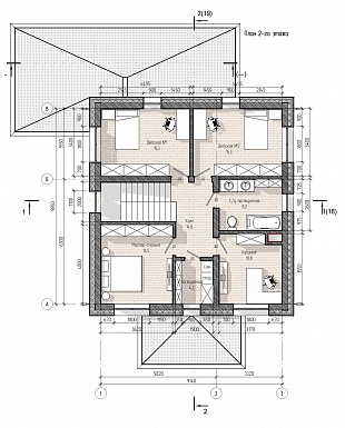 Проект двухэтажного дома с верандой, 4 спальнями, кухней-гостиной и местами для хранения / План 2 этажа Проект двухэтажного дома с верандой, 4 спальнями, кухней-гостиной и местами для хранения / План 2 этажа