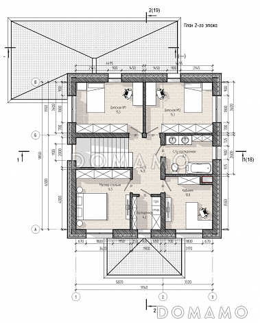 Проект двухэтажного дома с верандой, 4 спальнями, кухней-гостиной и местами для хранения / План 2 этажа Проект двухэтажного дома с верандой, 4 спальнями, кухней-гостиной и местами для хранения / План 2 этажа