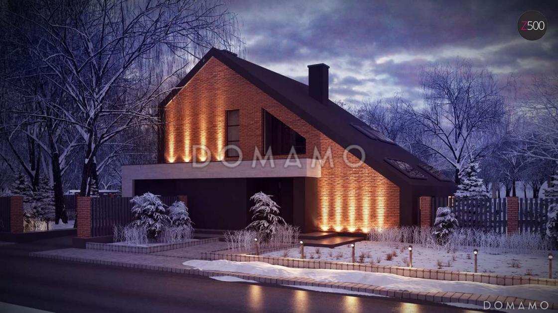 Проект мансардного дома в стиле шале из газобетона с дополнительной спальней на первом этаже, вторым светом и гаражом / 1