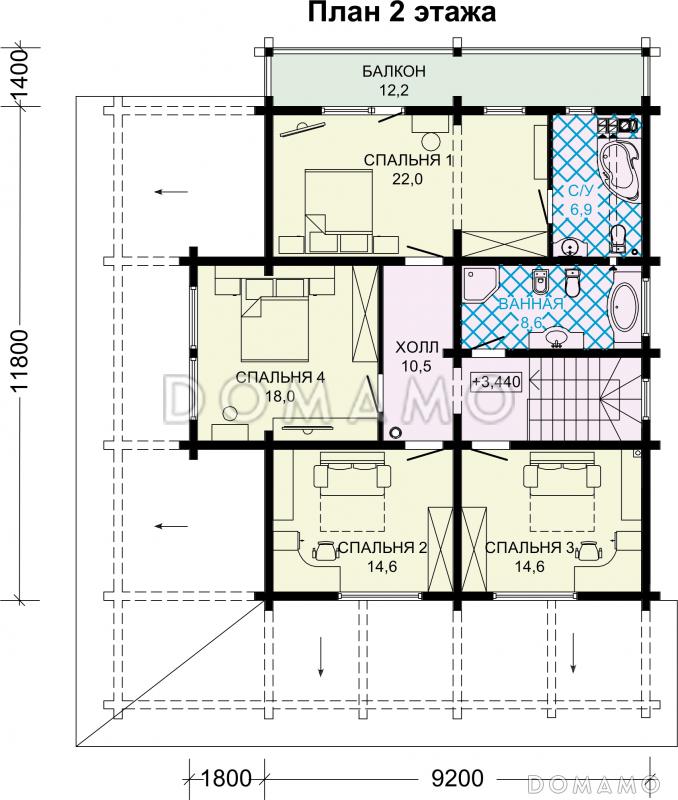 Проект двухэтажного дома из бруса с масштабной крытой террасой / План 2 этажа