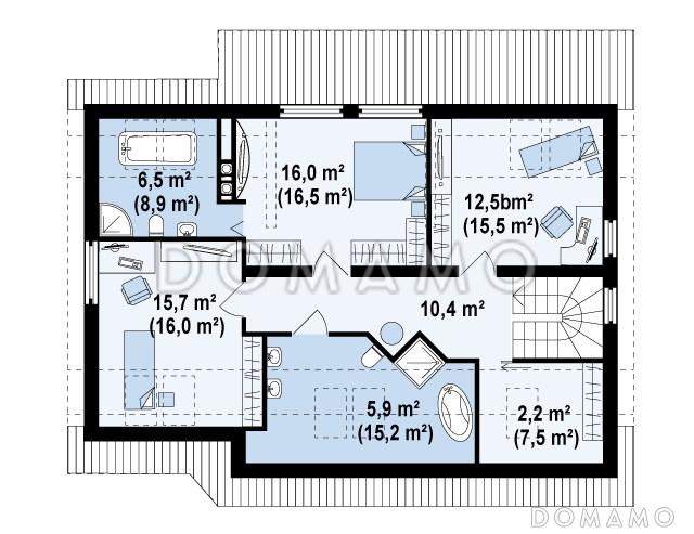 Проект одноэтажного мансардного дома из газобетона с кабинетом, тремя спальнями и гаражом / План мансардного этажа