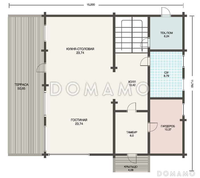 Проект двухэтажного дома из клееного бруса с просторной кухней-столовой / План 1 этажа