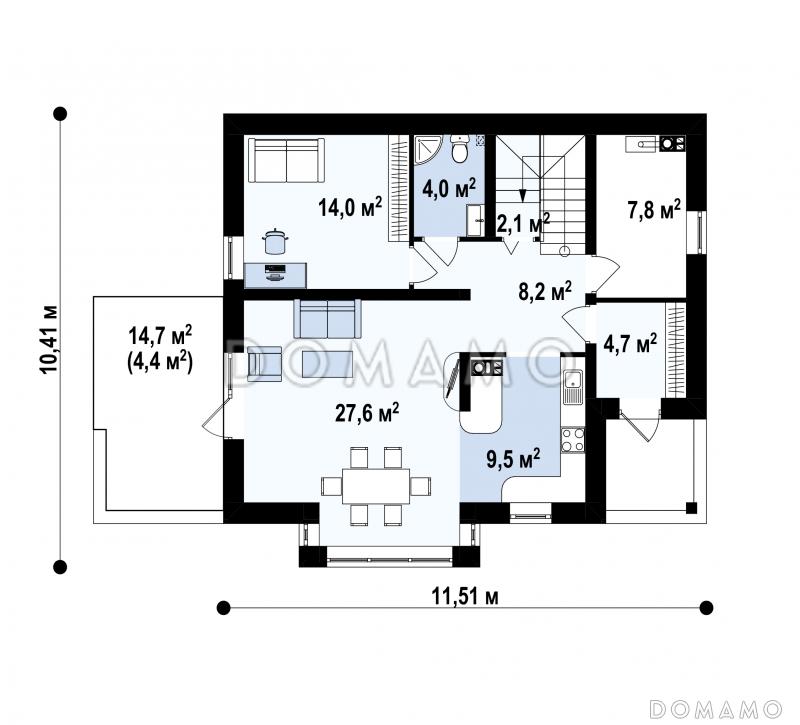 Проект дома с террасой, балконом, мансардными окнами, эркером в гостиной / План 1 этажа