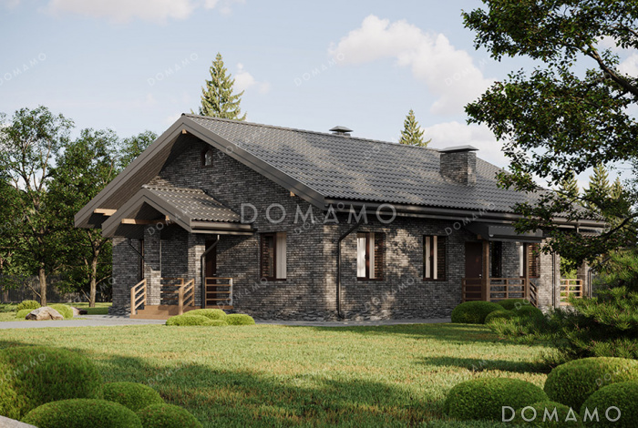 Проект выразительного одноэтажного дома с двухскатной крышей в разных уровнях, большой террасой и вторым светом Проект выразительного одноэтажного дома с двухскатной крышей в разных уровнях, большой террасой и вторым светом