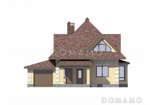 Проект одноэтажного дома из газобетона с мансардой, эркером, гаражом и шатровой ломанной крышей / Фасад 2