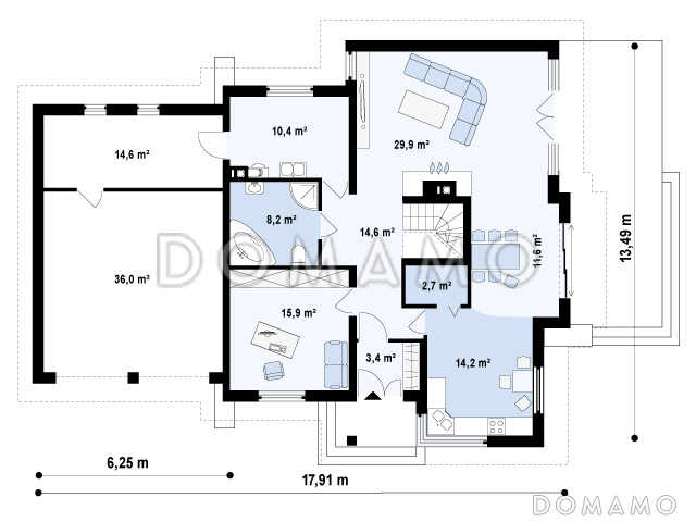 Проект просторного одноэтажного мансардного дома из кирпича с кабинетом, четырьмя спальнями и гаражом на два автомобиля / План 1 этажа
