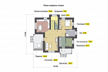 Проект дома с крытой террасой, кладовой под лестницей. эркерами, гостевой на первом этаже, спальнями и кабинетом на втором этаже / План 1 этажа Проект дома с крытой террасой, кладовой под лестницей. эркерами, гостевой на первом этаже, спальнями и кабинетом на втором этаже / План 1 этажа