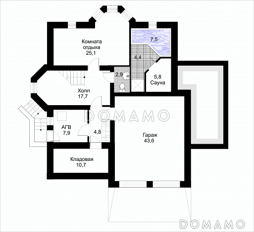 Проект коттеджа с подземным гаражом / План цокольного этажа Проект коттеджа с подземным гаражом / План цокольного этажа