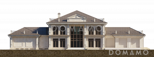 Проект загородного дома с бассейном, комнатами для отдыха и спорта, террасами, большим гаражом, спальнями на втором этаже / Фасад 3