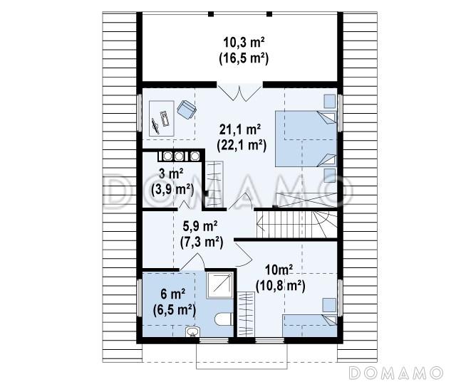 Проект компактного одноэтажного мансардного дома из газобетон с барбекю на крытой террасе / План мансардного этажа