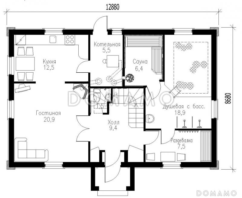 Проект дома для отдыха с баней и бассейном / План 1 этажа