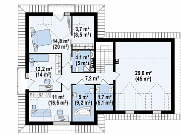 Проект одноэтажного мансардного дома из газобетона с кабинетом, гаражом на два автомобиля и большой мансардной комнатой / План мансардного этажа Проект одноэтажного мансардного дома из газобетона с кабинетом, гаражом на два автомобиля и большой мансардной комнатой / План мансардного этажа