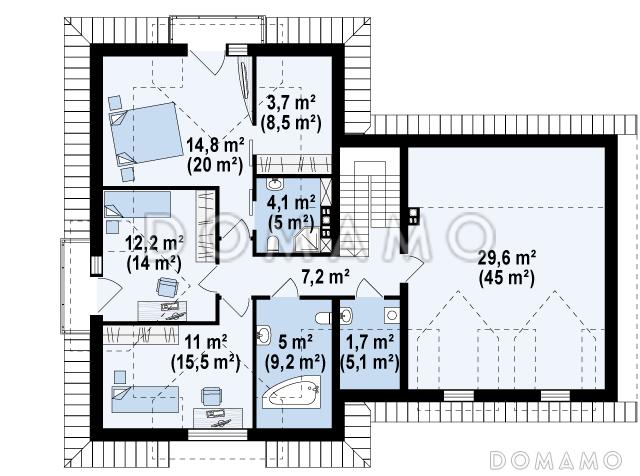 Проект одноэтажного мансардного дома из газобетона с кабинетом, гаражом на два автомобиля и большой мансардной комнатой / План мансардного этажа