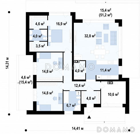 Проект одноэтажного дома с плоской крышей, террасами, большой спальней с гардеробными и ванной / План 1 этажа Проект одноэтажного дома с плоской крышей, террасами, большой спальней с гардеробными и ванной / План 1 этажа