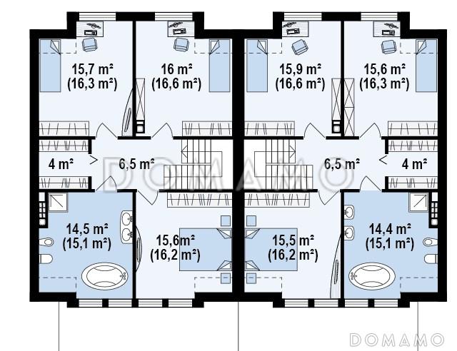 Проект современных мансардных домов-близнецов из кирпича с гаражом, тремя спальнями и красивым слуховым окном и балконом / План мансардного этажа