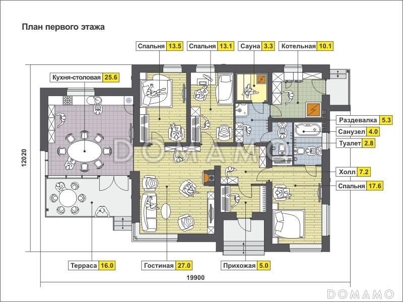 Проект одноэтажного дома из SIP панелей с крытой террасой, сауной, тремя спальнями, большой кухней-столовой / План 1 этажа