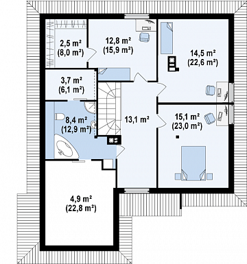 Проект просторного одноэтажного мансардного дома из кирпича с кабинетом, эркером и гаражом / План мансардного этажа