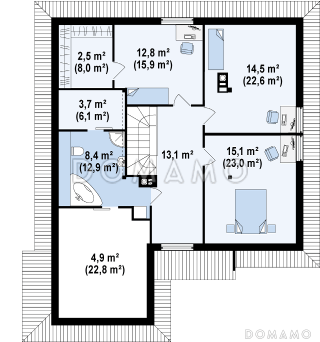 Проект просторного одноэтажного мансардного дома из кирпича с кабинетом, эркером и гаражом / План мансардного этажа