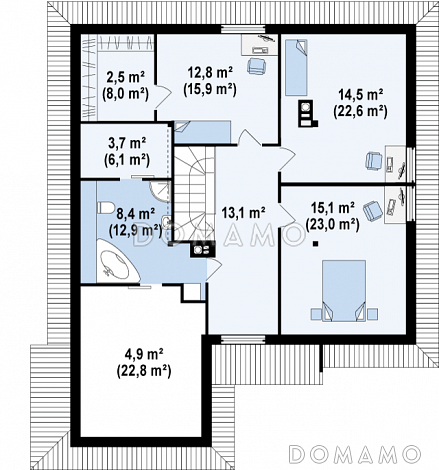 Проект просторного одноэтажного мансардного дома из кирпича с кабинетом, эркером и гаражом / План мансардного этажа