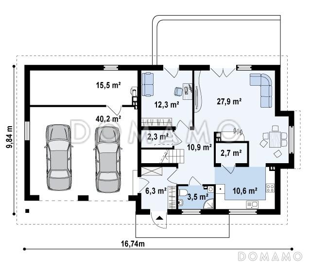 Проект одноэтажного мансардного дома из газобетона с эркером в кухонной зоне, вертикальным мансардным окном и гаражом на два автомобиля / План 1 этажа