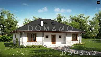 Проект одноэтажного дома из кирпича с мансардой и барбекю на террасе