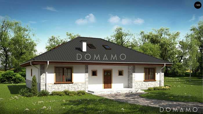 Проект одноэтажного дома из кирпича с мансардой и барбекю на террасе