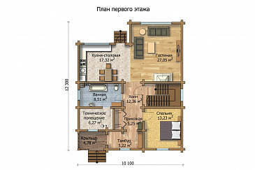 Проект деревянного дома с большими и просторными комнатами / План 1 этажа Проект деревянного дома с большими и просторными комнатами / План 1 этажа