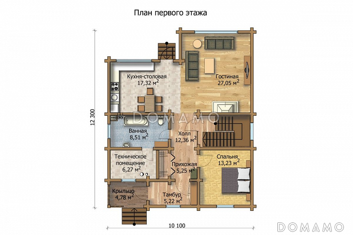 Проект деревянного дома с большими и просторными комнатами / План 1 этажа Проект деревянного дома с большими и просторными комнатами / План 1 этажа