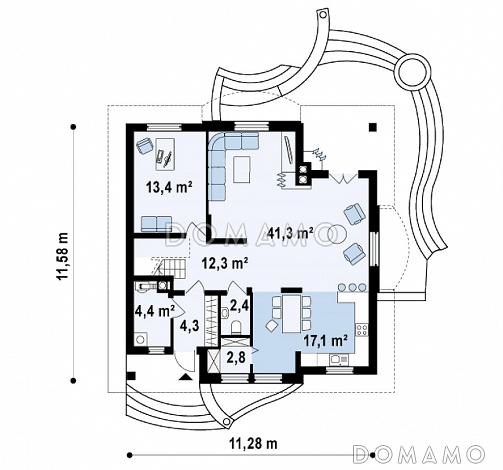 Проект одноэтажного мансардного дома из кирпича с кирпичной облицовкой с двумя балконами и барбекю на террасе / План 1 этажа