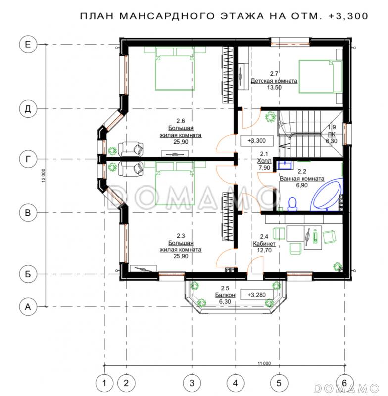 Проект деревянного дома с 3 спальнями и кабинетом на мансарде, гостевой комнатой и просторной дневной зоной / План мансардного этажа