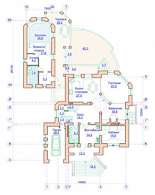Проект коттеджа с двусветной гостиной, отдельным бассейном и гаражом / План 1 этажа Проект коттеджа с двусветной гостиной, отдельным бассейном и гаражом / План 1 этажа