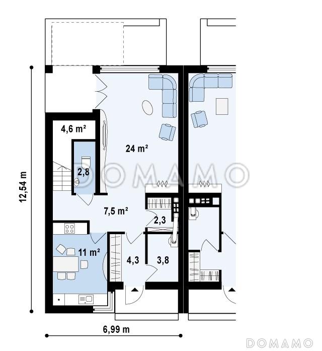 Проект компактных мансардных домов-близнецов из кирпича с изолированной кухней и тремя спальнями / План 1 этажа