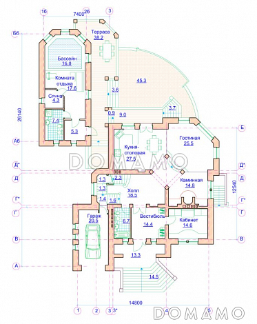 Проект коттеджа с двусветной гостиной, отдельным бассейном и гаражом / План 1 этажа Проект коттеджа с двусветной гостиной, отдельным бассейном и гаражом / План 1 этажа