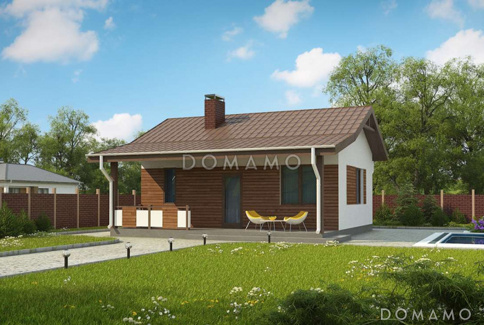 Проект бани из кирпича с комнатой отдыха и крытой террасой