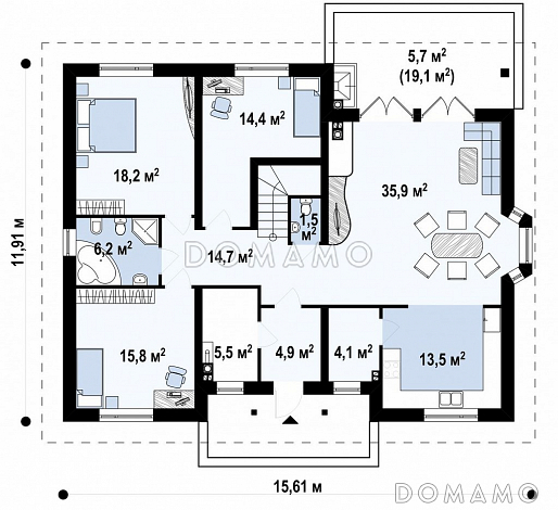 Проект одноэтажного дома из кирпича с мансардой и зоной барбекю на террасе / План 1 этажа