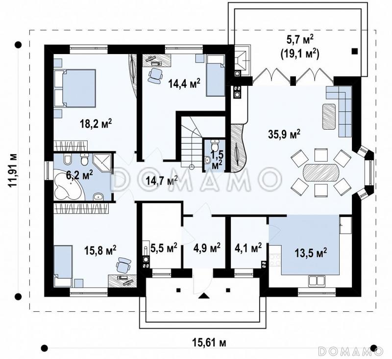 Проект одноэтажного дома из кирпича с мансардой и зоной барбекю на террасе / План 1 этажа