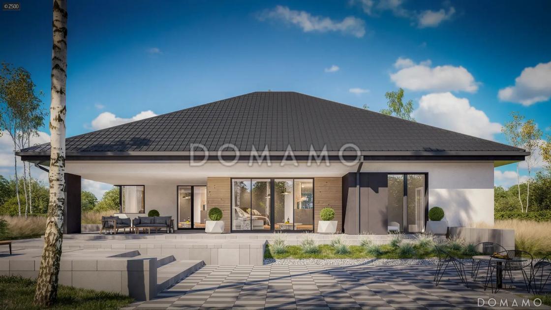 Проект кирпичного дома с мастер-спальней, террасой и гаражом / 1